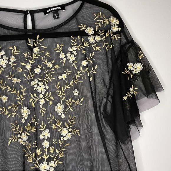 Express Black Mesh Top with Gold Floral Embroidery - Picture 4 of 5